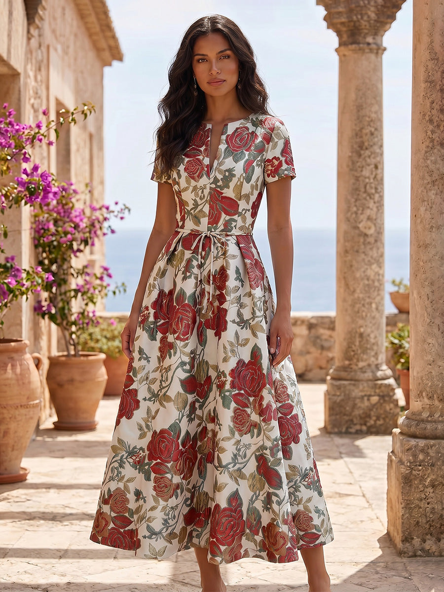 Ligne A/Princesse Col en V Jacquard Robe Cocktail Florale Longueur du Thé Manches Courtes Formelle