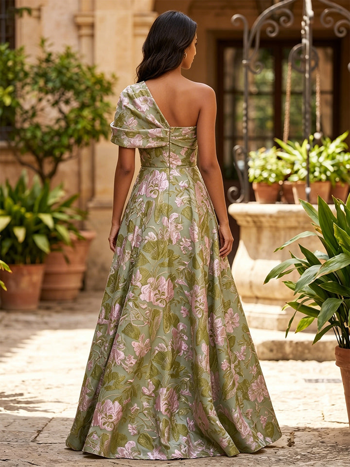 Robe de Soirée, Ligne A/Princesse, Jacquard, Une Épaule Nue, Sans Manches, Longueur au Sol, Florale