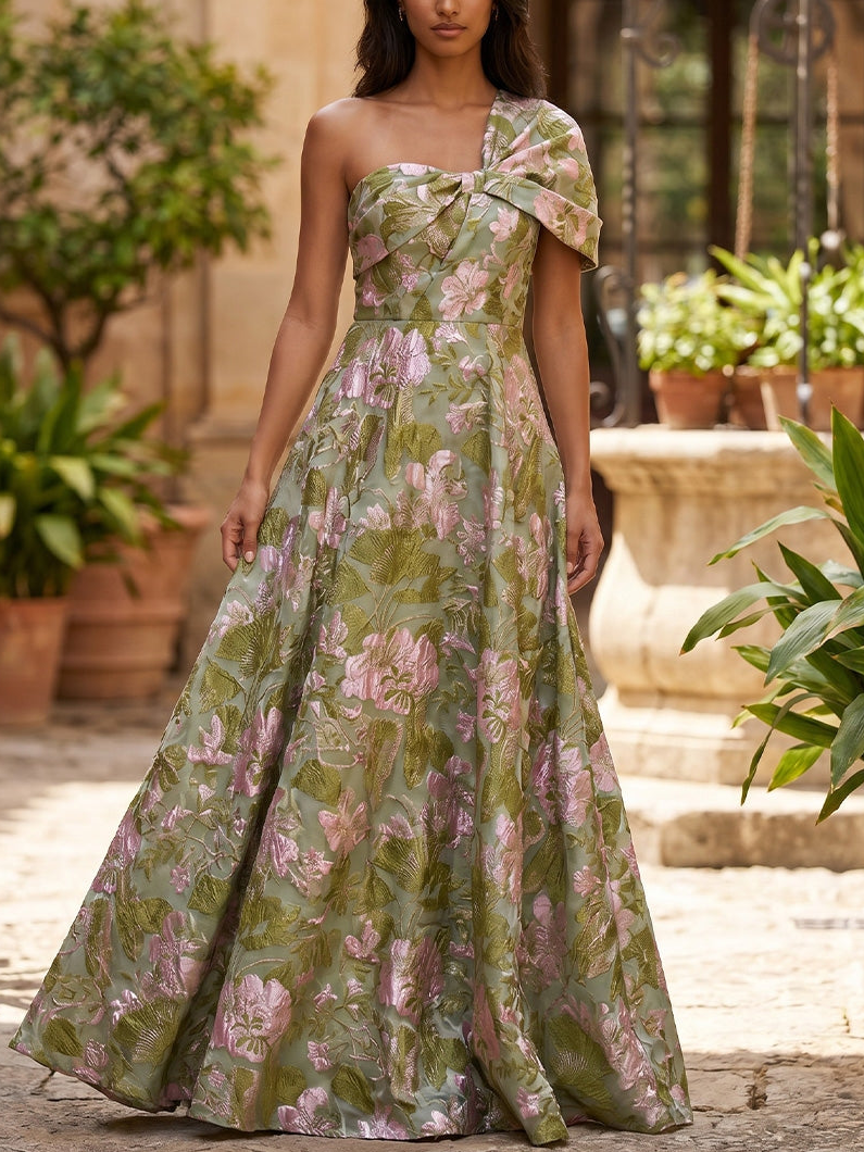 Robe de Soirée, Ligne A/Princesse, Jacquard, Une Épaule Nue, Sans Manches, Longueur au Sol, Florale
