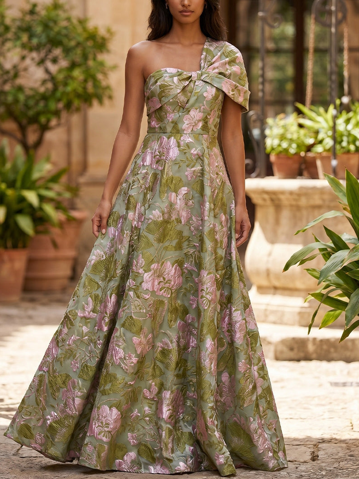 Robe de Soirée, Ligne A/Princesse, Jacquard, Une Épaule Nue, Sans Manches, Longueur au Sol, Florale
