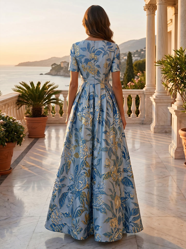 Robe de Soirée, Ligne A/Princesse, Jacquard, Col Rond, Manches Courtes, Longueur de la Cheville, Florale