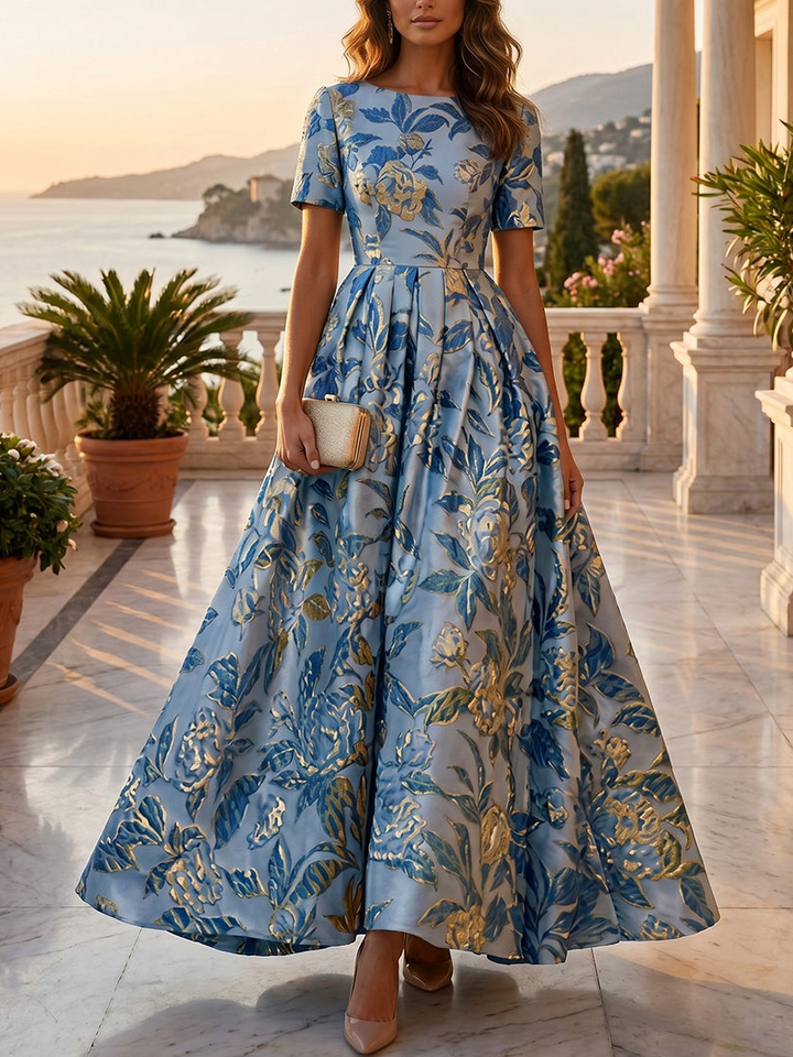 Robe de Soirée, Ligne A/Princesse, Jacquard, Col Rond, Manches Courtes, Longueur de la Cheville, Florale