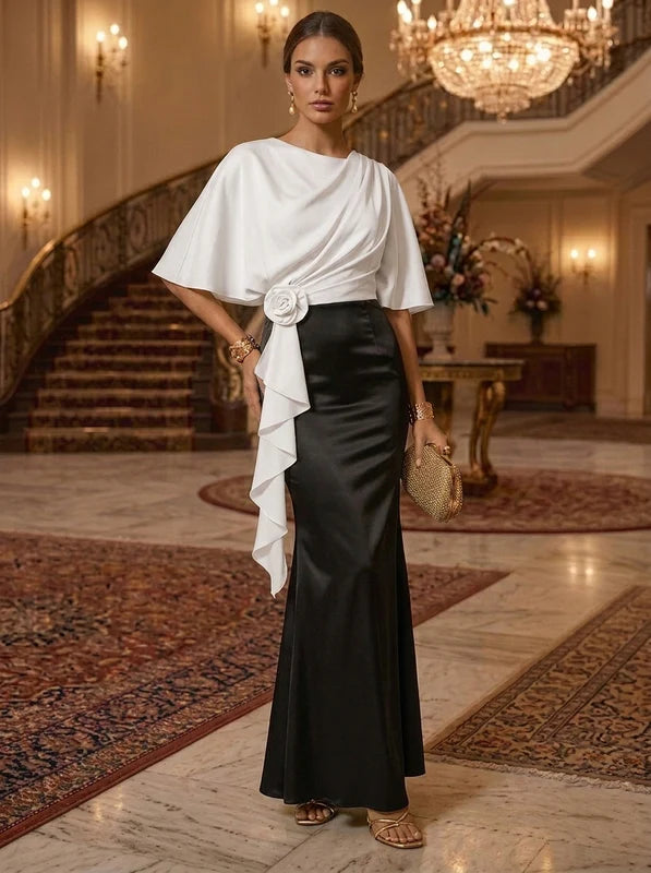 Robe de Soirée, Gaine/Colonne, Satin de Soie, Col Rond, Manches Cape, Longueur de la Cheville, avec Fleurs 3D