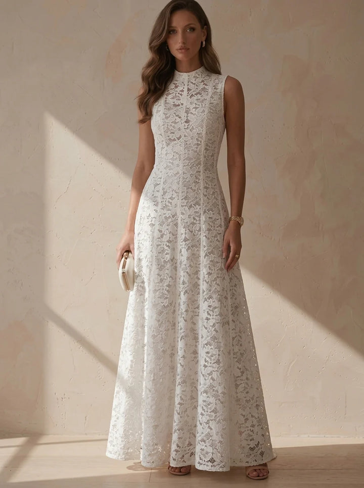 Robe de Soirée, Ligne A/Princesse, Dentelle, Col Montant, Sans Manches, Longueur de la Cheville, Florale