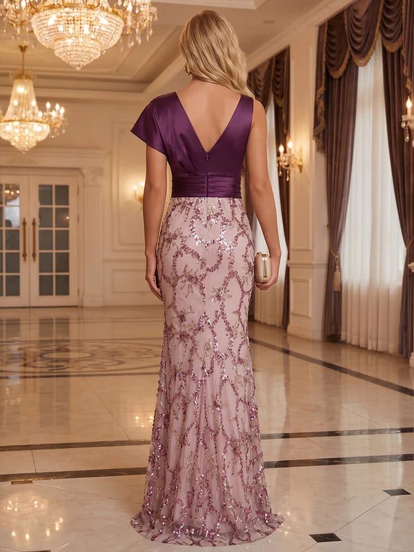 Robe de Soirée, Gaine/Colonne, Col en V, Manches Courtes, Longueur au Sol, à Paillettes