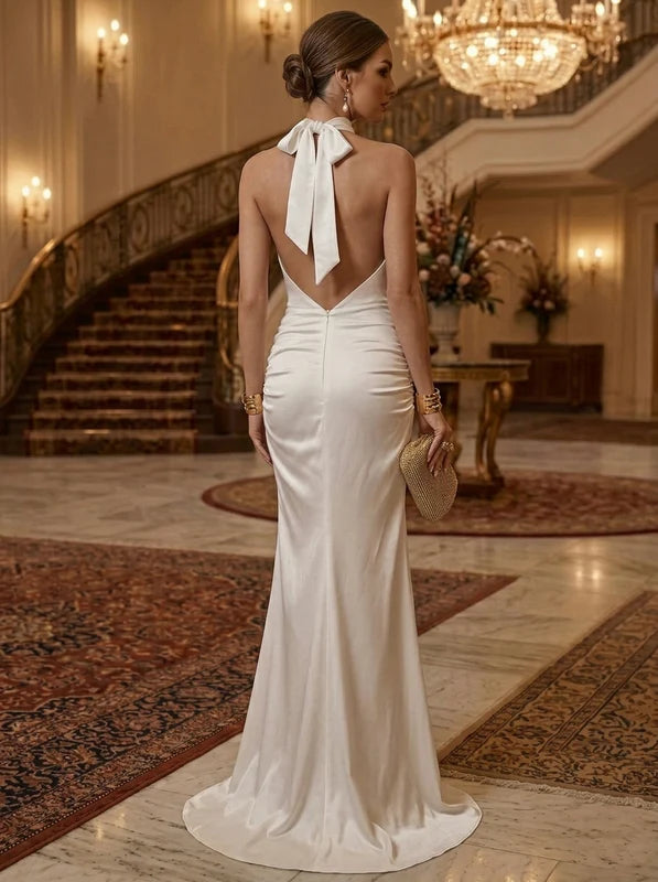 Robe de Soirée, Gaine/Colonne, Col Halter, Sans Manches, Longueur au Sol, Satin de Soie