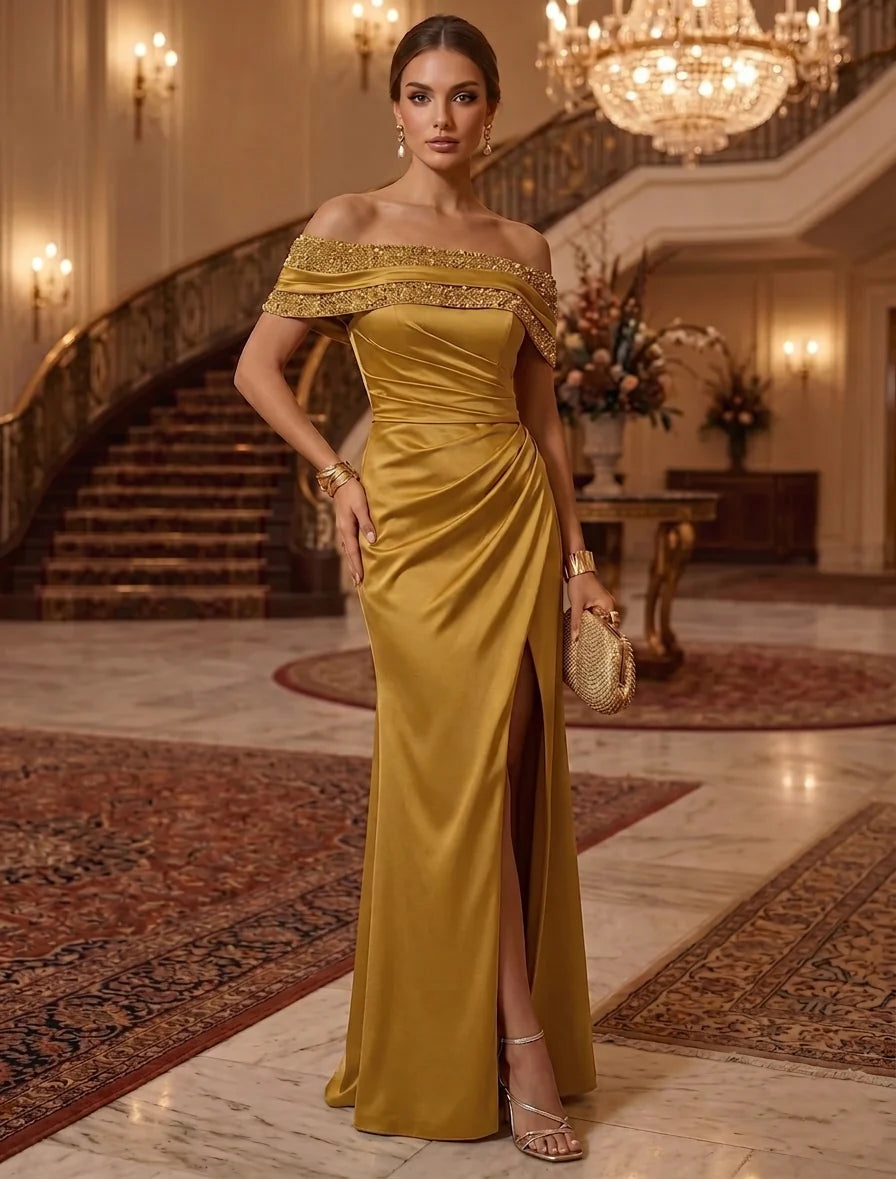 Robe de Soirée, Gaine/Colonne, Hors de l'Épaule, Sans Manches, Longueur au Sol, Satin de Soie, à Paillettes, Froncée avec Fente Latérale