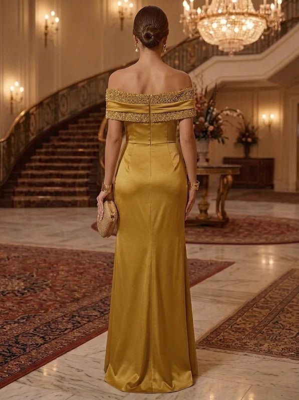 Robe de Soirée, Gaine/Colonne, Hors de l'Épaule, Sans Manches, Longueur au Sol, Satin de Soie, à Paillettes, Froncée avec Fente Latérale