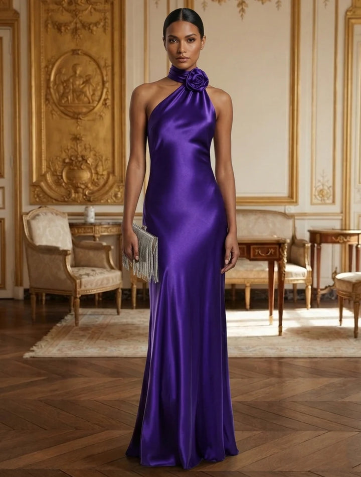 Robe de Soirée, Gaine/Colonne, Col Halter, Sans Manches, Longueur au Sol, avec Fleurs 3D