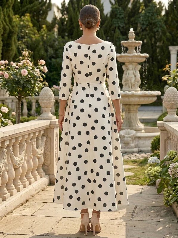 Gaine/Colonne À Pois Col Rond Robe Cocktail Longueur Midi Manches 3/4 avec Surjupe