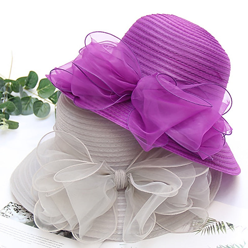 Fascinators Organza Holiday Beach Élégant Vintage avec Appliques de Couleur Pure Coiffe avec Bowknot