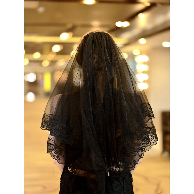 Voiles de Mariée en Dentelle à Deux Niveaux Voiles de Coude avec Broderie