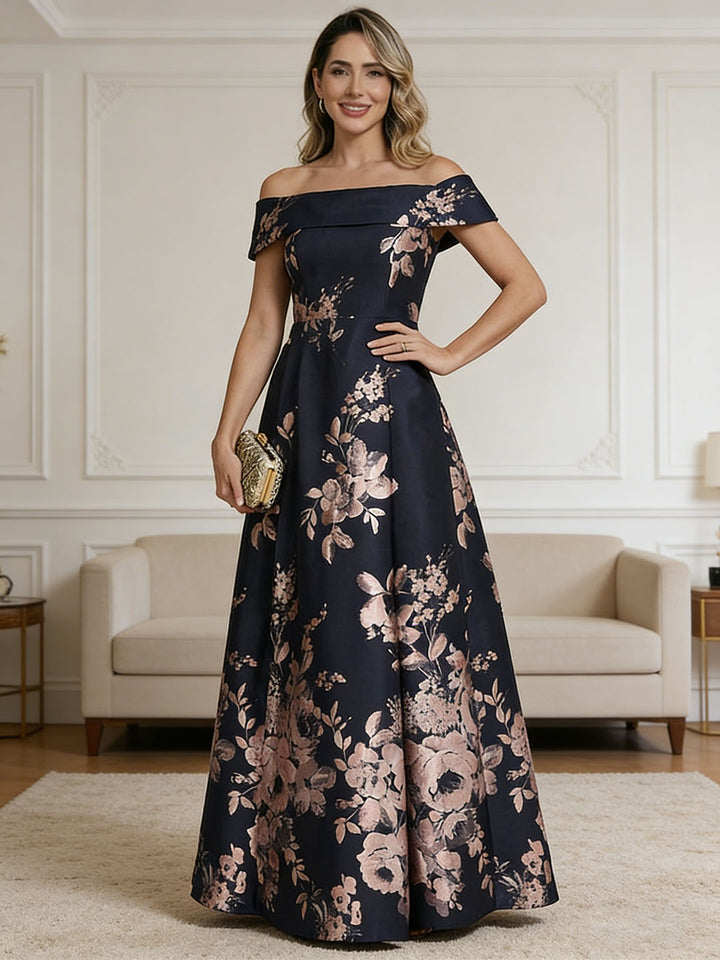 Robe mère de la mariée ligne A jacquard, manches tombantes, sans manches, longueur sol, imprimé floral, plissé et zip dos