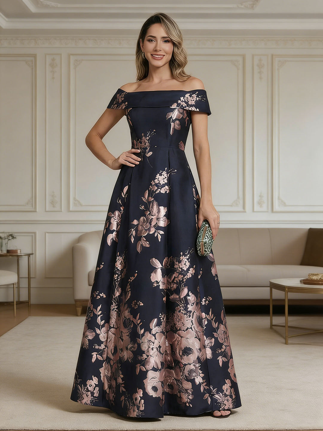 Robe mère de la mariée ligne A jacquard, manches tombantes, sans manches, longueur sol, imprimé floral, plissé et zip dos