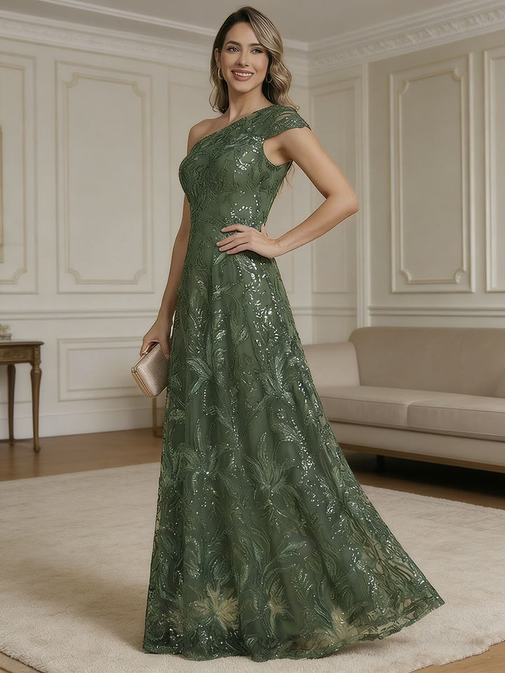 Robe mère de la mariée ligne A mousseline, une épaule, sans manches, longueur sol, perles, broderie, dentelle, sequins et fleurs