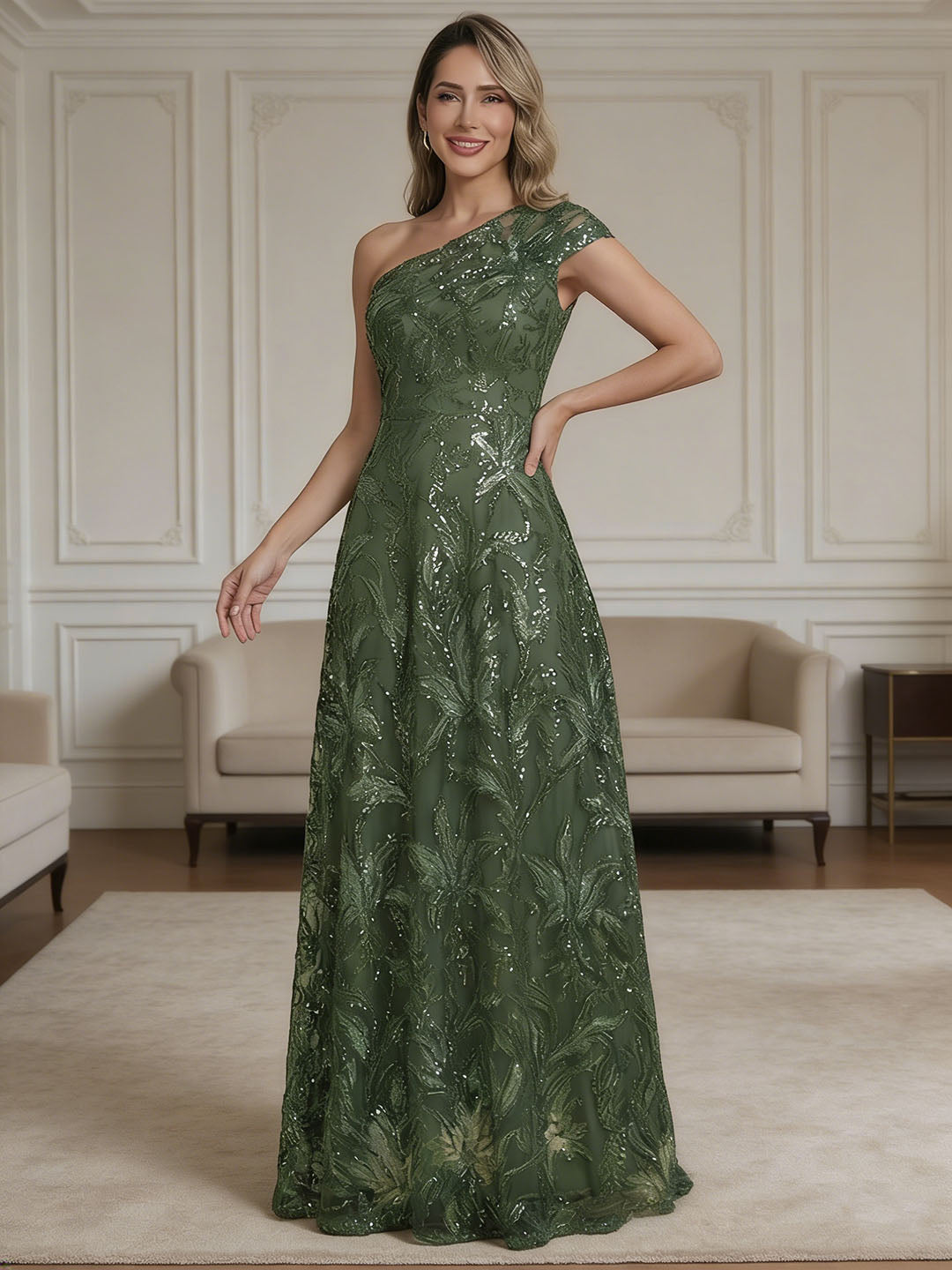 Robe mère de la mariée ligne A mousseline, une épaule, sans manches, longueur sol, perles, broderie, dentelle, sequins et fleurs