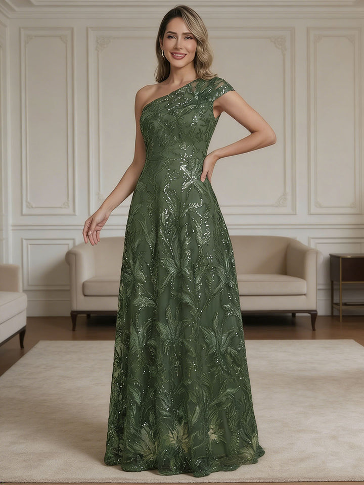 Robe mère de la mariée ligne A mousseline, une épaule, sans manches, longueur sol, perles, broderie, dentelle, sequins et fleurs