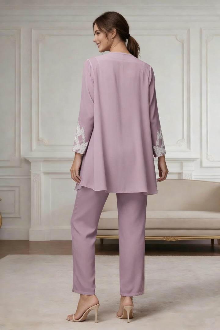 Ensemble pantalon 3 pièces mère de la mariée mousseline col V, paillettes