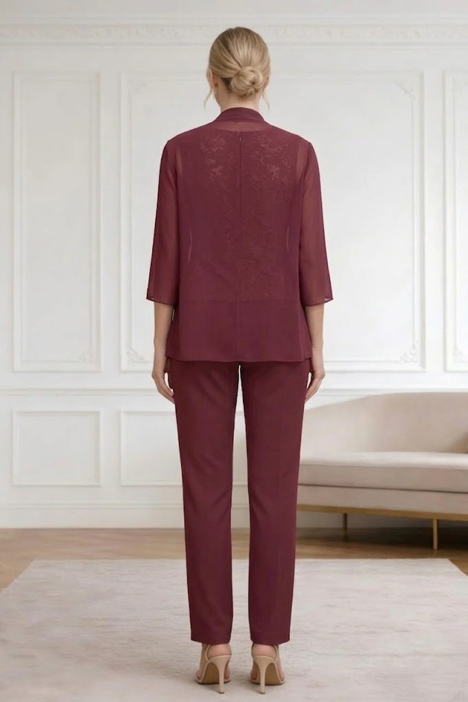 Ensemble pantalon 3 pièces mousseline dentelle mère de la mariée confortable