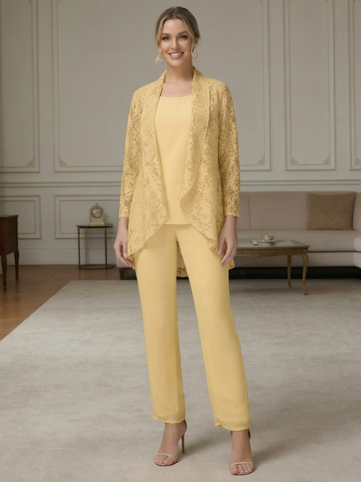 Ensemble pantalon 3 pièces mousseline dentelle mère de la mariée délicate