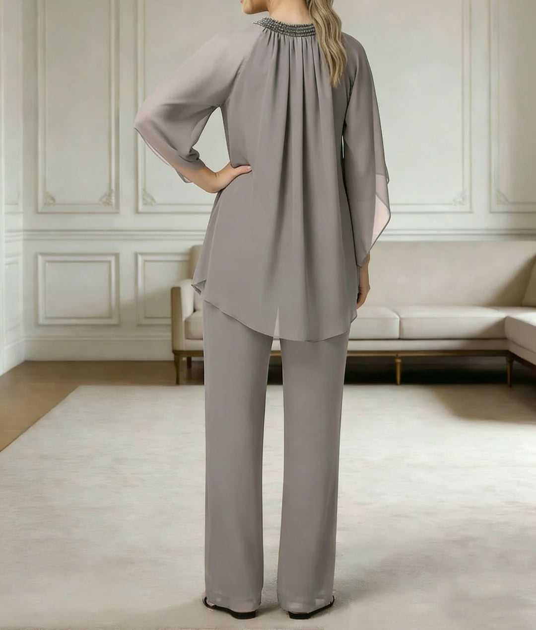 Ensemble pantalon 2 pièces mousseline mère de la mariée col rond manches mi-longues