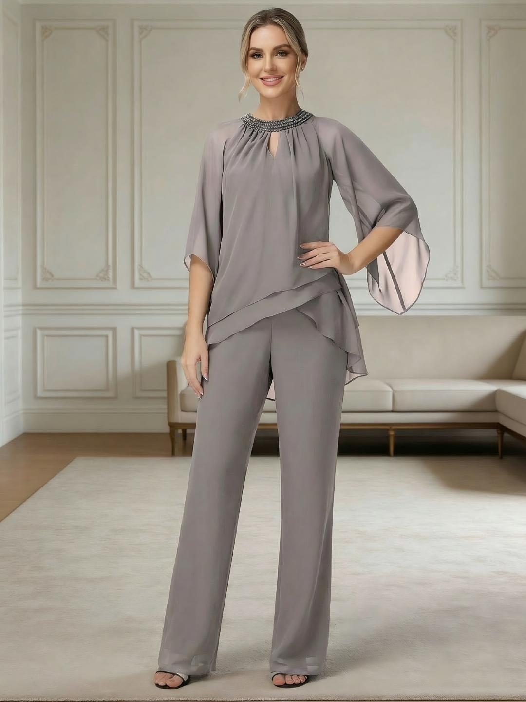 Ensemble pantalon 2 pièces mousseline mère de la mariée col rond manches mi-longues