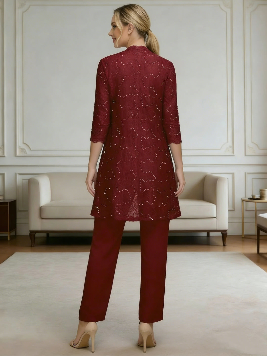 Ensemble pantalon 3 pièces mousseline dentelle mère de la mariée décente