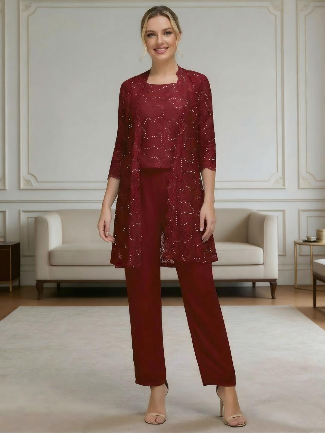 Ensemble pantalon 3 pièces mousseline dentelle mère de la mariée décente