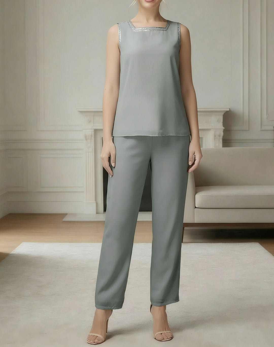 Ensemble pantalon 3 pièces mousseline mère de la mariée manches longues