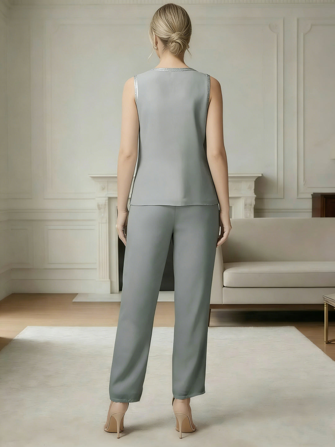 Ensemble pantalon 3 pièces mousseline mère de la mariée manches longues