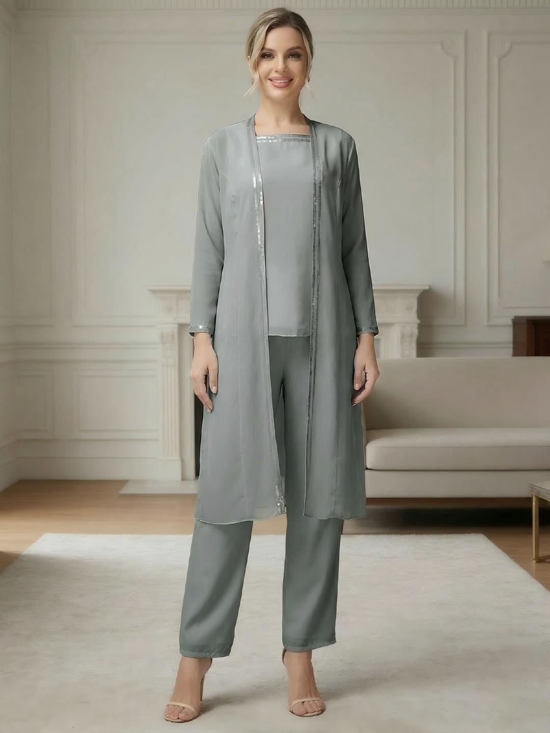 Ensemble pantalon 3 pièces mousseline mère de la mariée manches longues