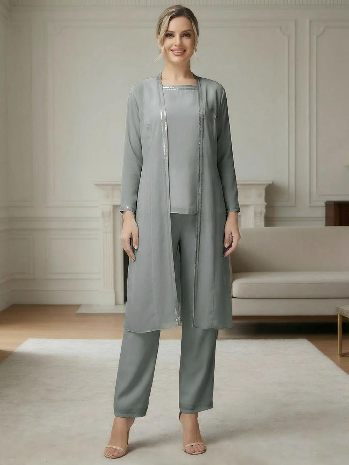 Ensemble pantalon 3 pièces mousseline mère de la mariée manches longues
