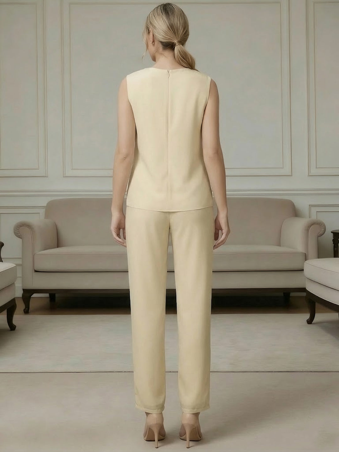 Ensemble pantalon 3 pièces mousseline mère de la mariée manches longues