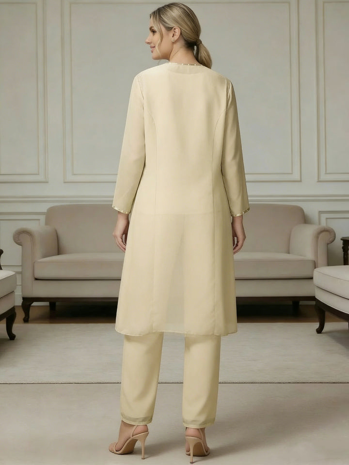 Ensemble pantalon 3 pièces mousseline mère de la mariée manches longues