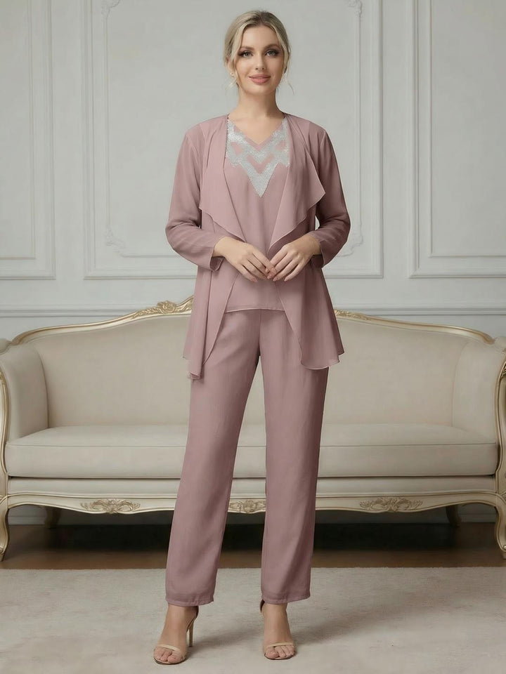 Ensemble pantalon 3 pièces mousseline paillettes mère de la mariée