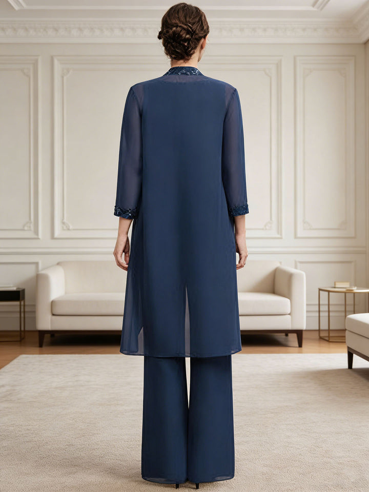 Ensemble pantalon dentelle sequins bleu marine