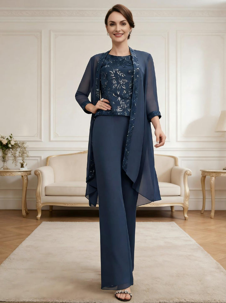 Ensemble pantalon dentelle sequins bleu marine