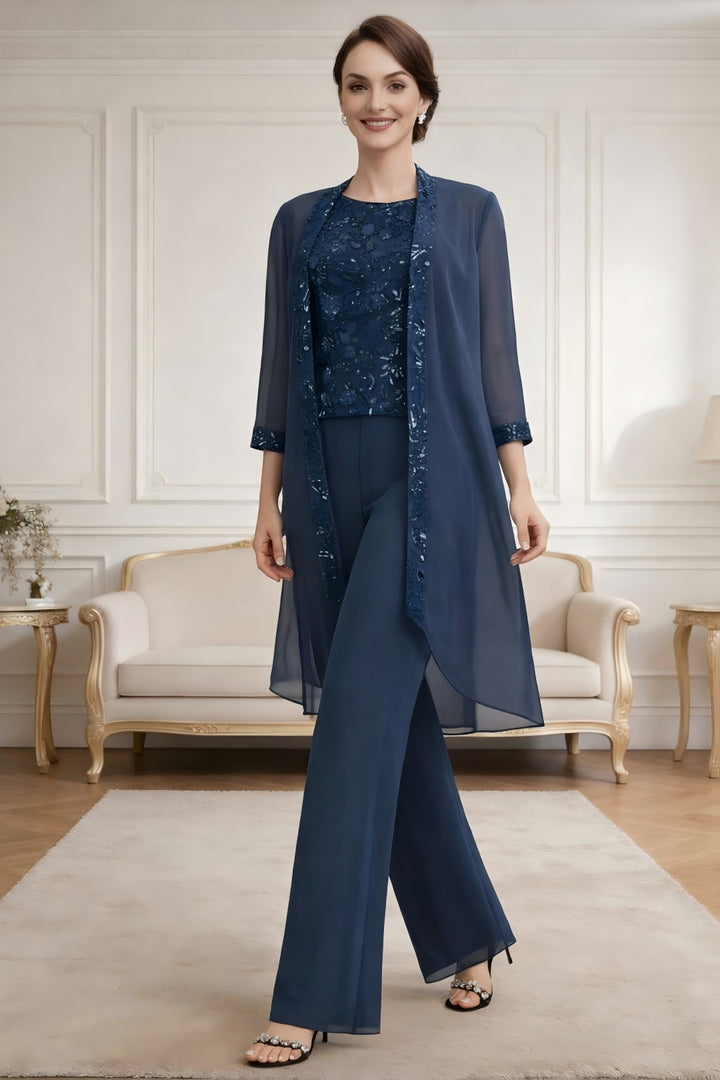 Ensemble pantalon dentelle sequins bleu marine