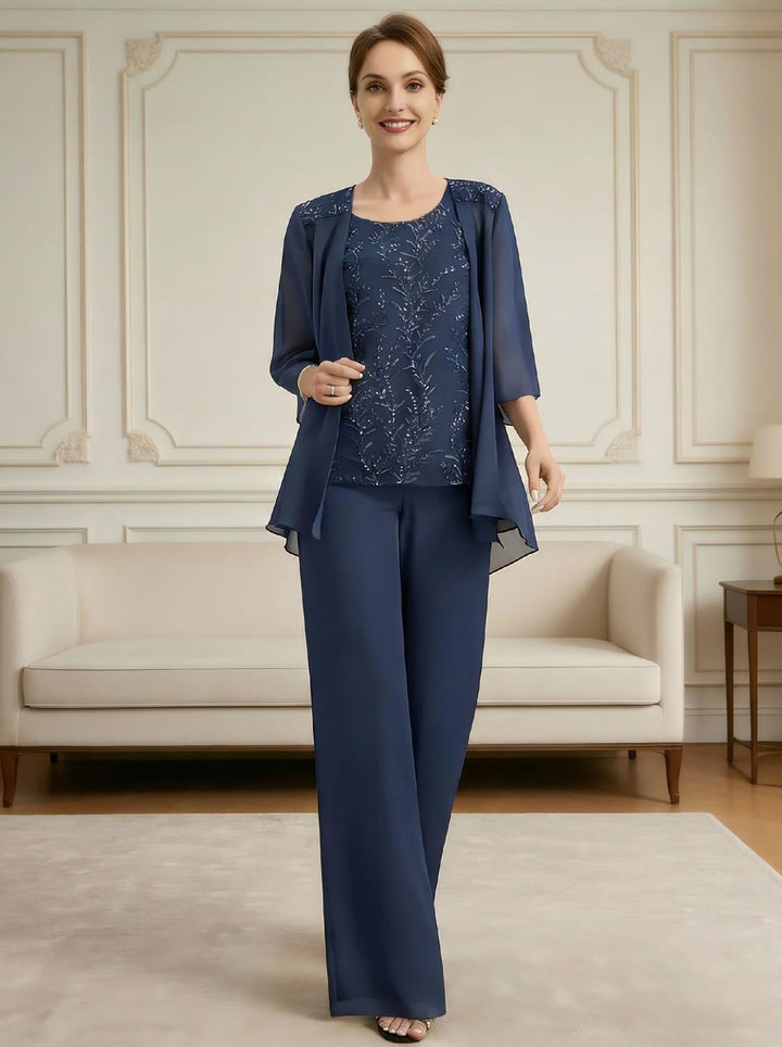 Ensemble pantalon dentelle sequins bleu marine