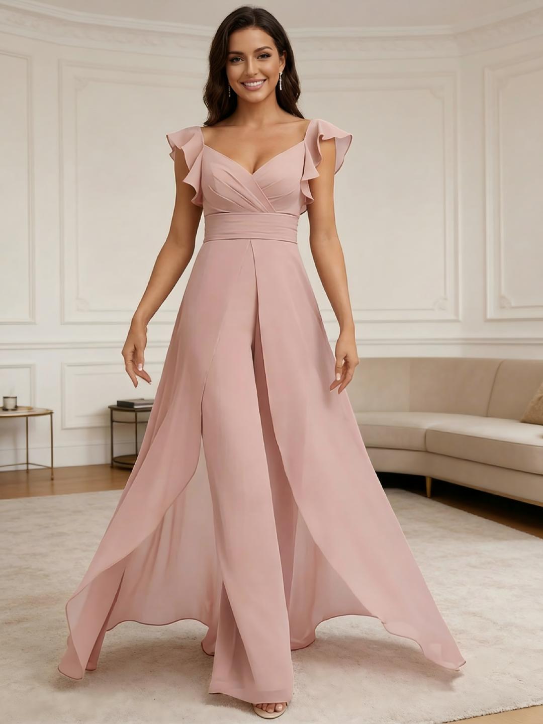 Combinaison mousseline volants rose poussière