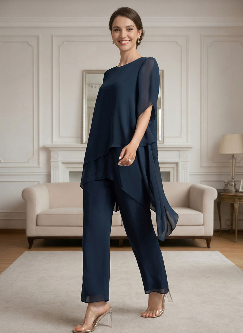Ensemble pantalon mousseline bleu marine foncé