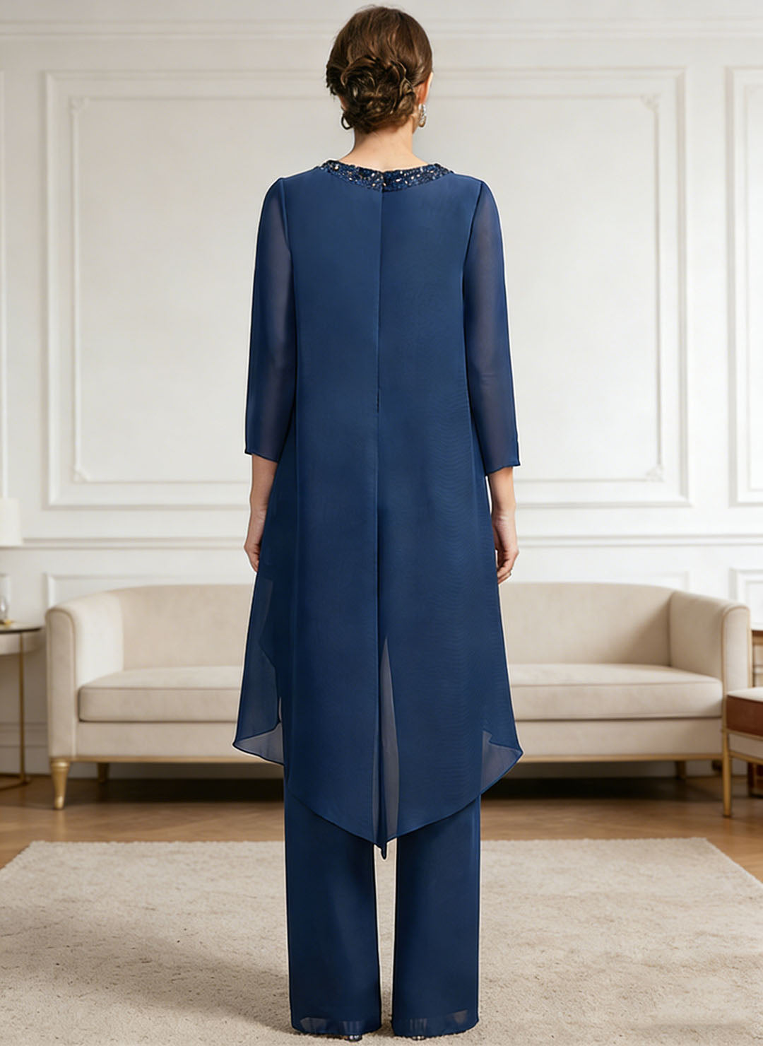 Ensemble pantalon mousseline sequins bleu marine