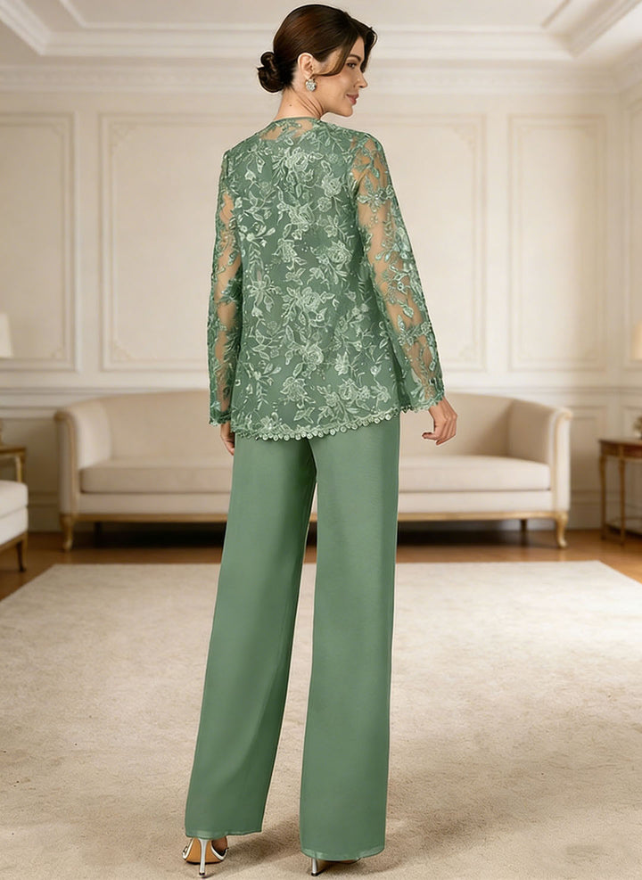 Ensemble pantalon dentelle sequins col V eucalyptus