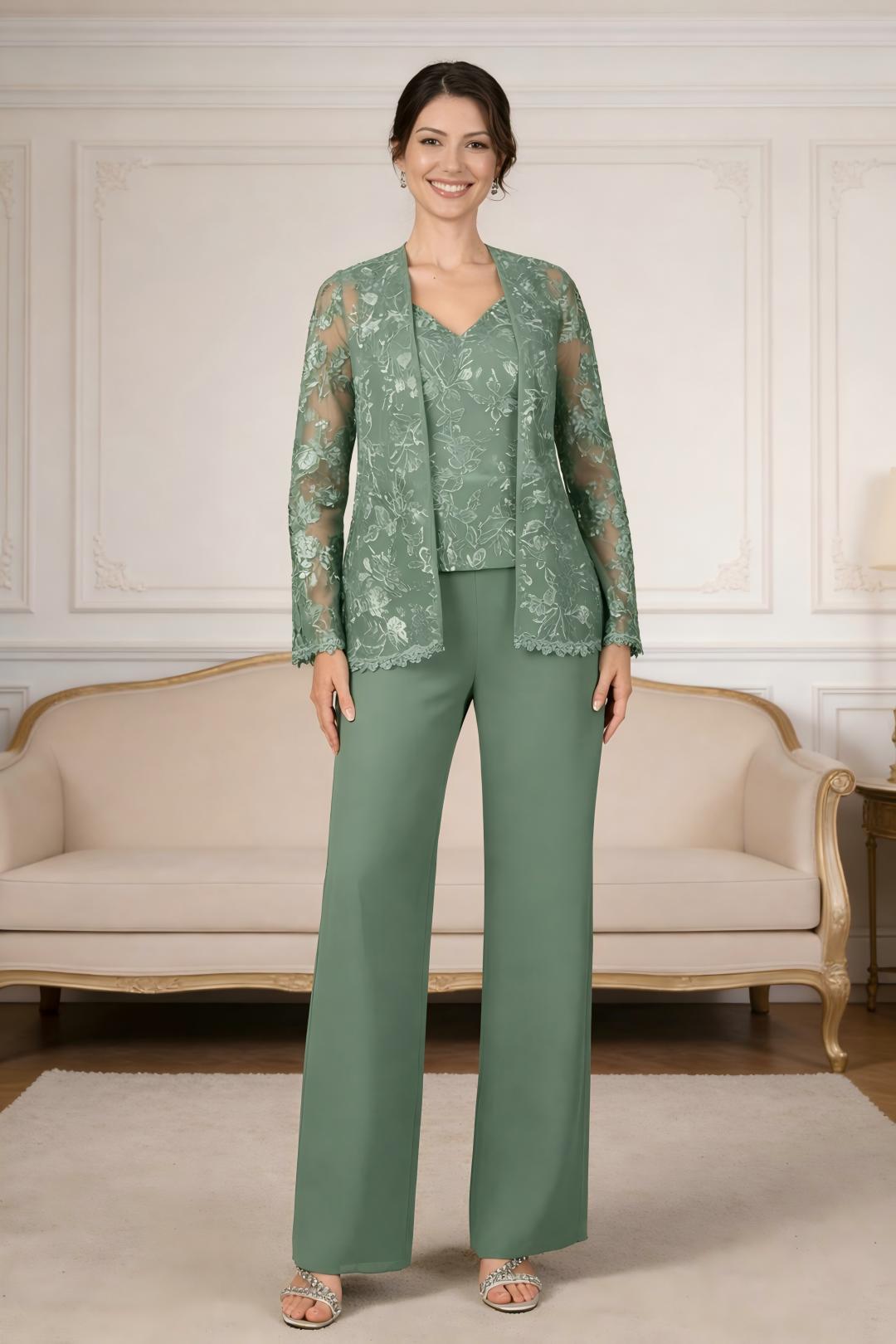 Ensemble pantalon dentelle sequins col V eucalyptus