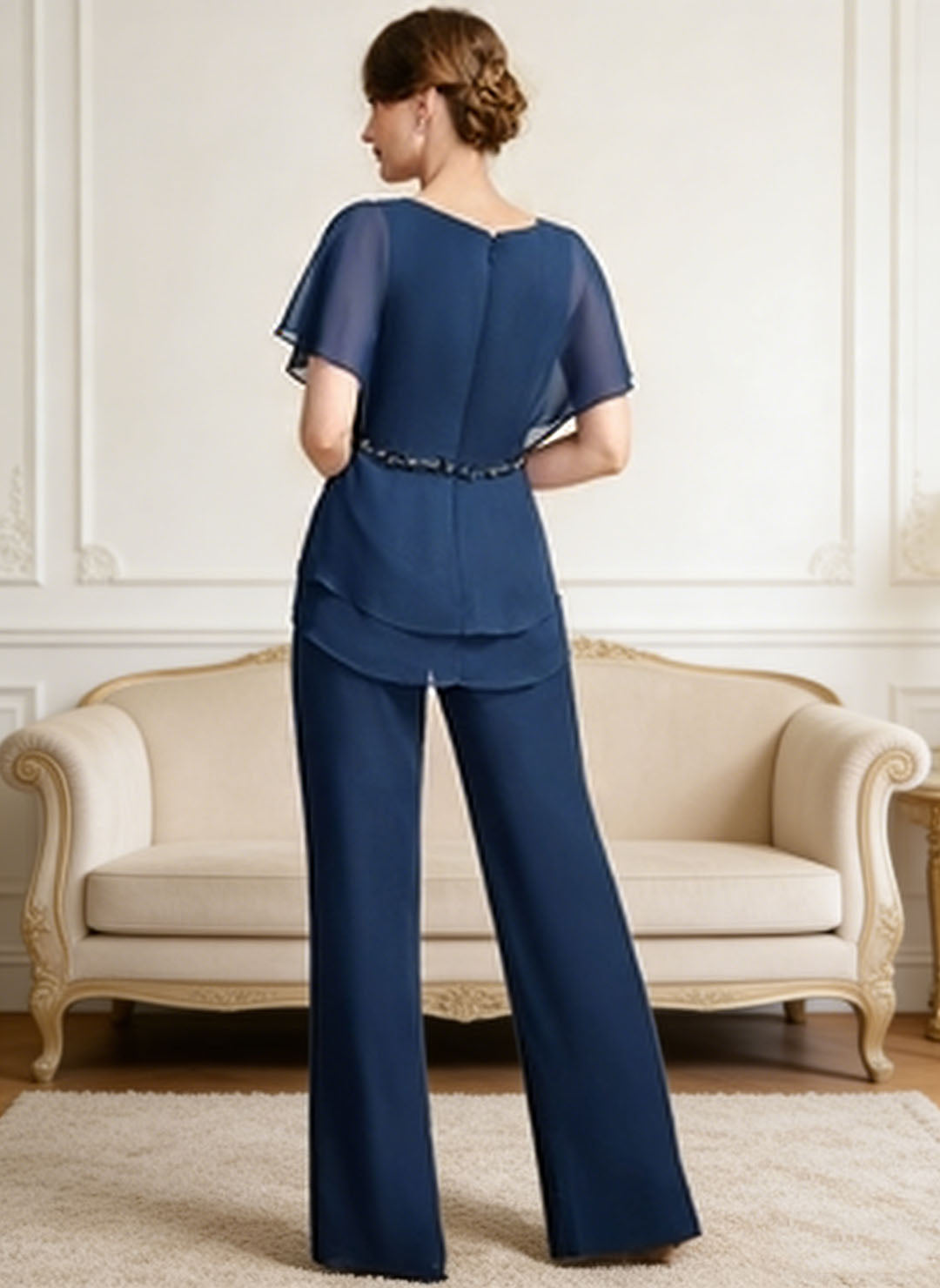Ensemble pantalon mousseline sequins col V bleu marine