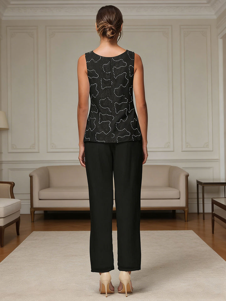 Ensemble pantalon 3 pièces mère de la mariée mousseline dentelle manches longues