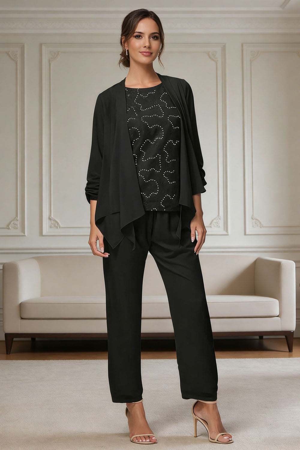 Ensemble pantalon 3 pièces mère de la mariée mousseline dentelle manches longues