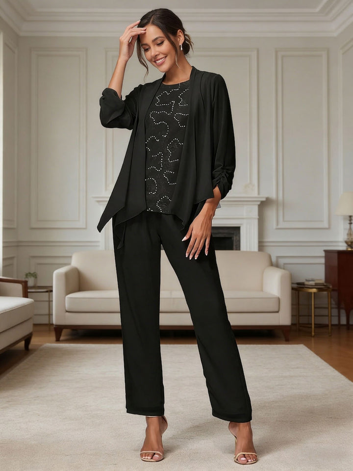 Ensemble pantalon 3 pièces mère de la mariée mousseline dentelle manches longues