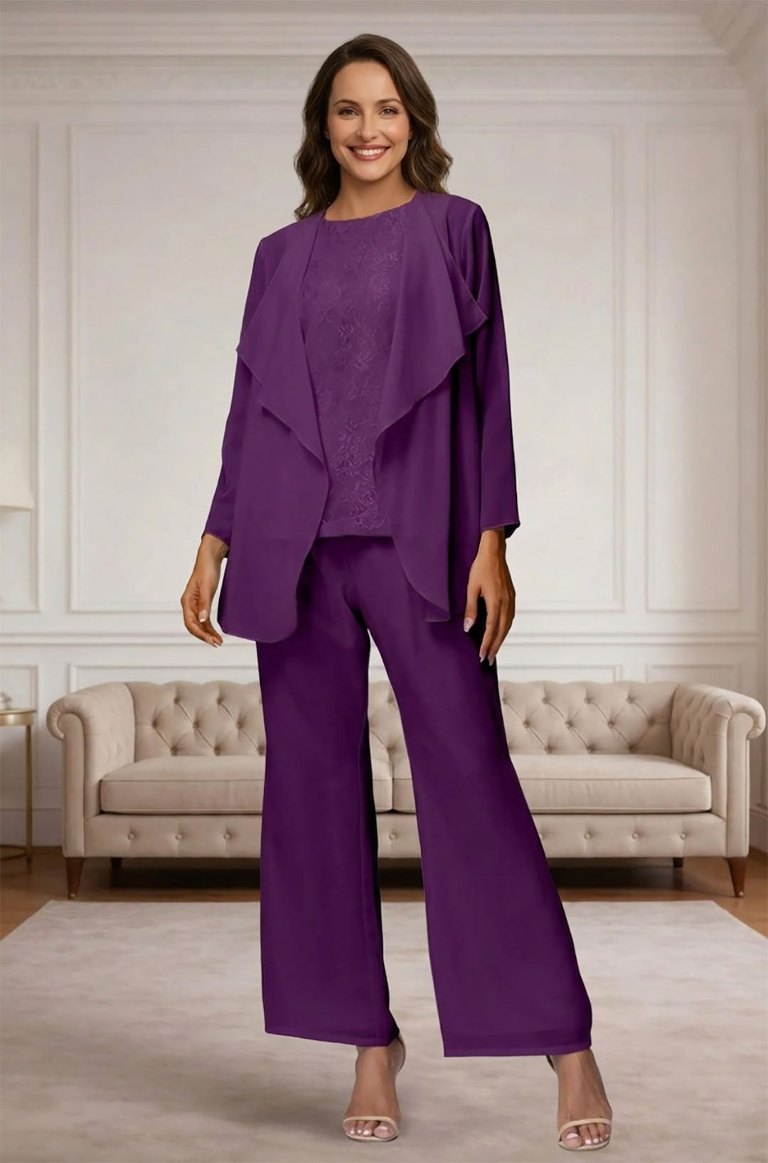 Ensemble pantalon pour mère de la mariée, 3 pièces, manches longues, en chiffon et dentelle