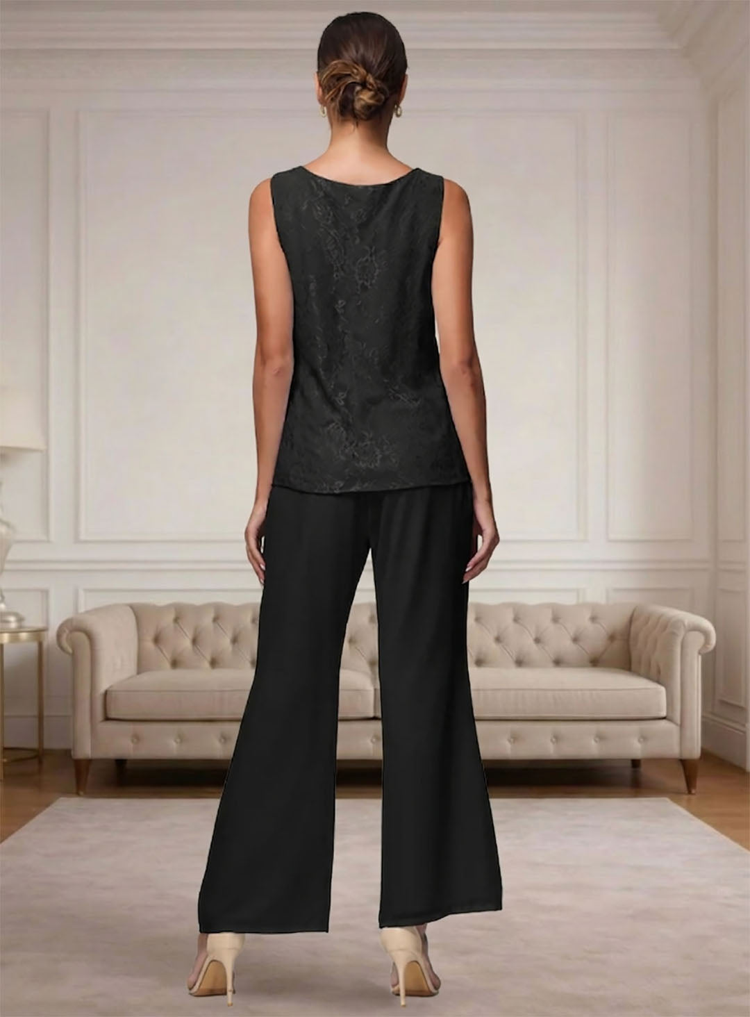 Ensemble pantalon pour mère de la mariée, 3 pièces, manches longues, en chiffon et dentelle